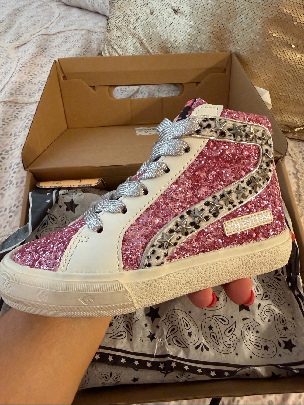 Vintage Havana Pink Glitter High-Top Sneakers with Silver Star Trim